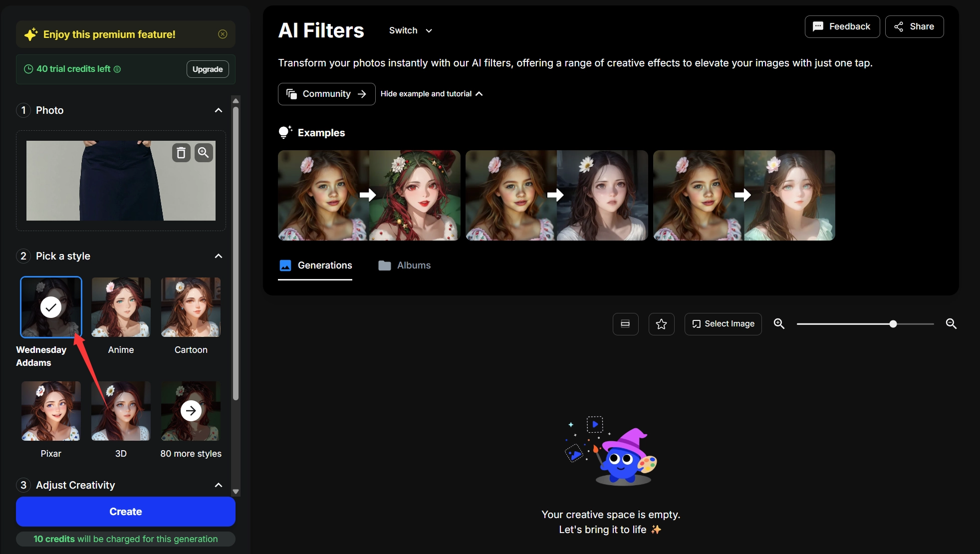 Use OpenArt Wednesday Addams AI Filter - Step 2