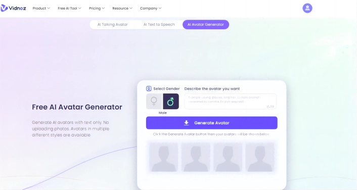 Vidnoz AI Avatar Generator  - Free AI Text to Avatar Generator