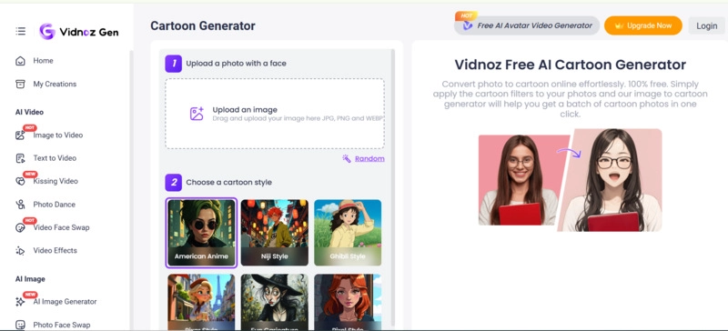 Vidnoz AI Cartoon Avatar Curly Hair Generator Online