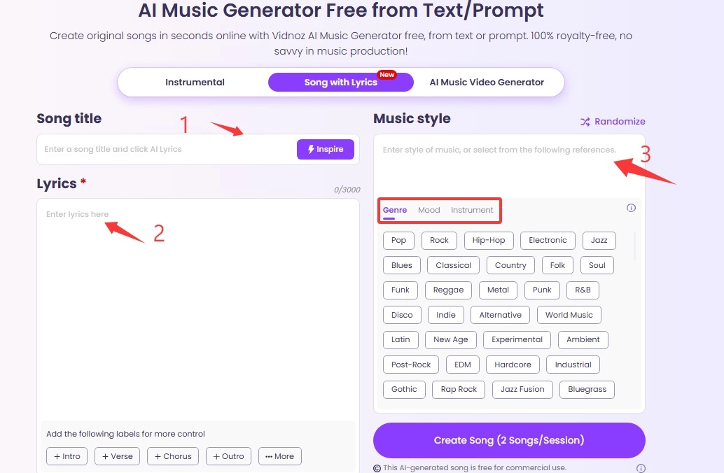 Vidnoz AI Country Music Generator Interface