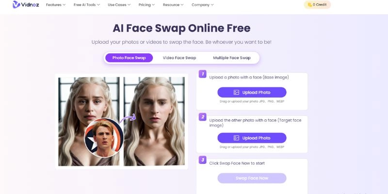 Vidnoz AI Face Swap Best Free NSFW Face Swap Tool 