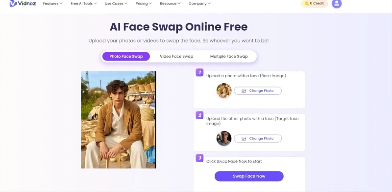 Vidnoz AI Face Swap Man's Model Upload Target Face