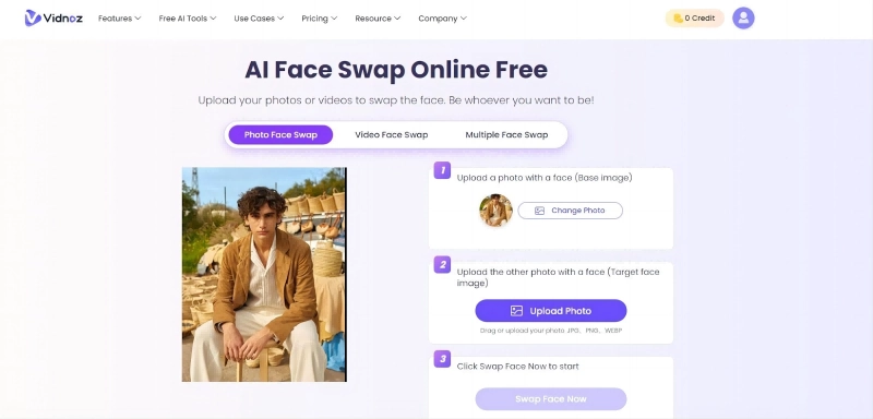 Vidnoz AI Face Swap Man's Model Upload the Base Image