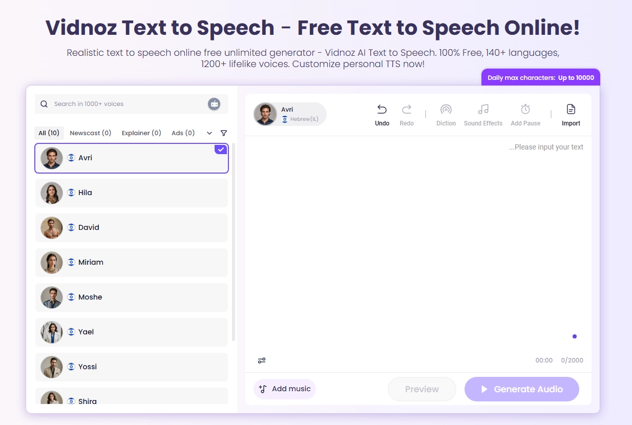 Vidnoz AI Hebrew Text to Speech: Unlimitedly Free Access to Premium Hebrew Voices