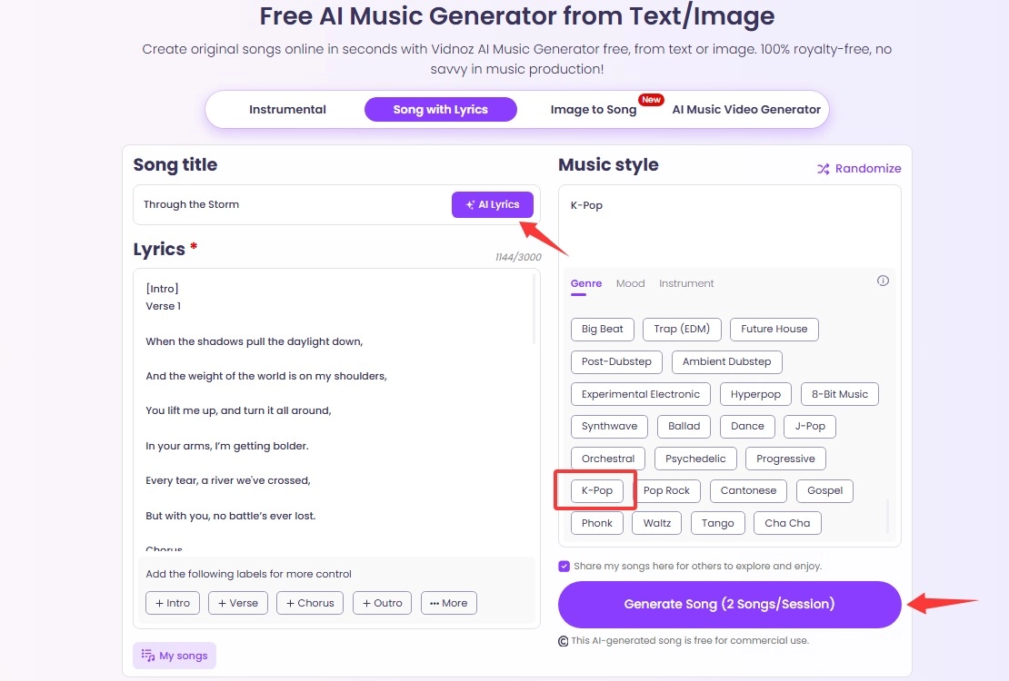 Vidnoz AI K-pop Song Generator