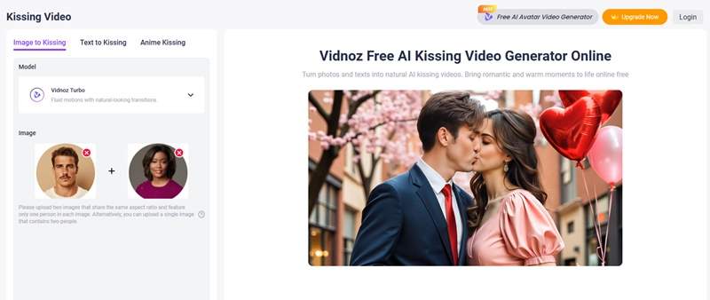 Vidnoz AI Kissing Video Created From Images