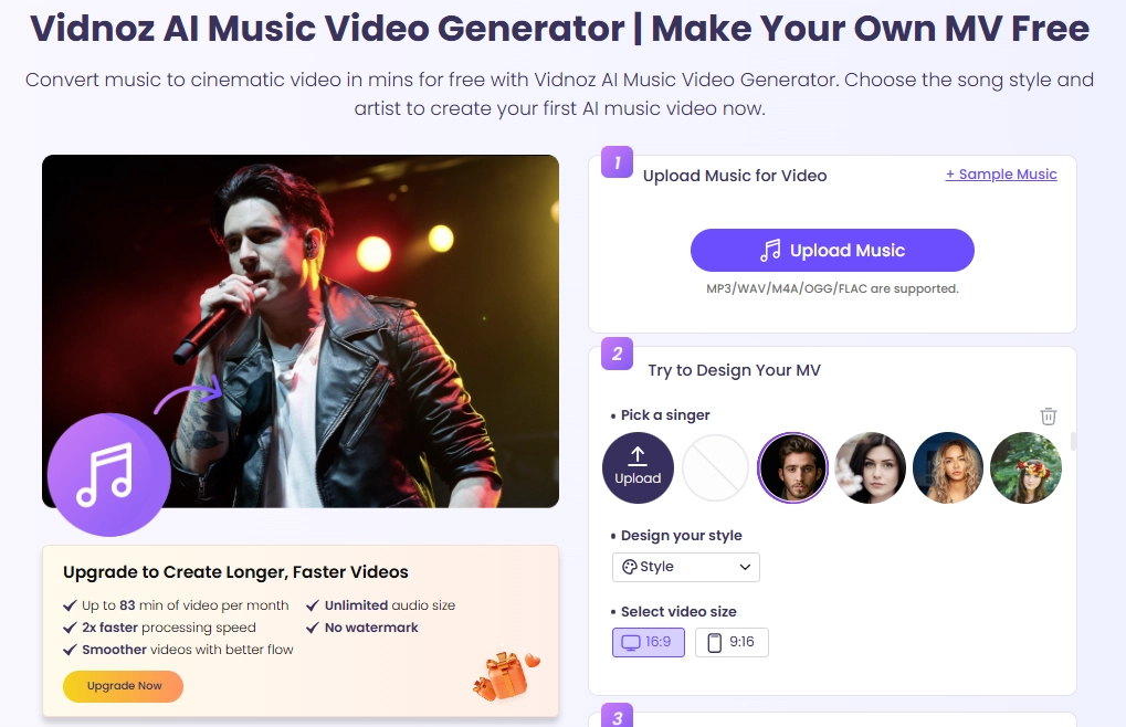 Vidnoz AI Music Video Generator - Music to Video AI