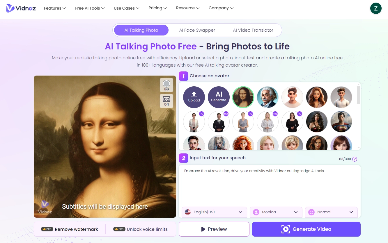 Vidnoz AI Talking Photo Interface