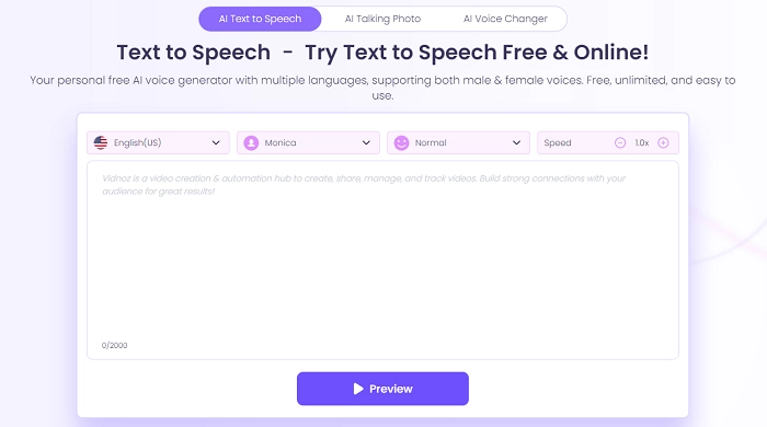 Vidnoz AI Text to Speech - Best for Short Article to Audio Text Quick Conversion