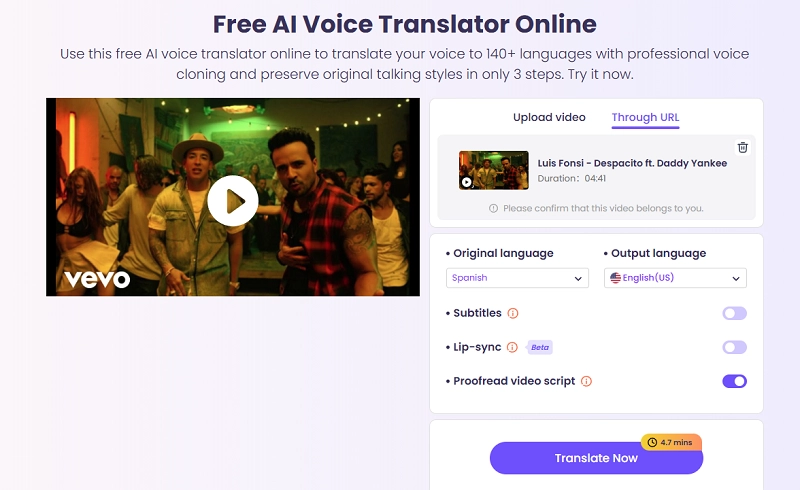 Vidnoz AI Translate Spanish Song to English