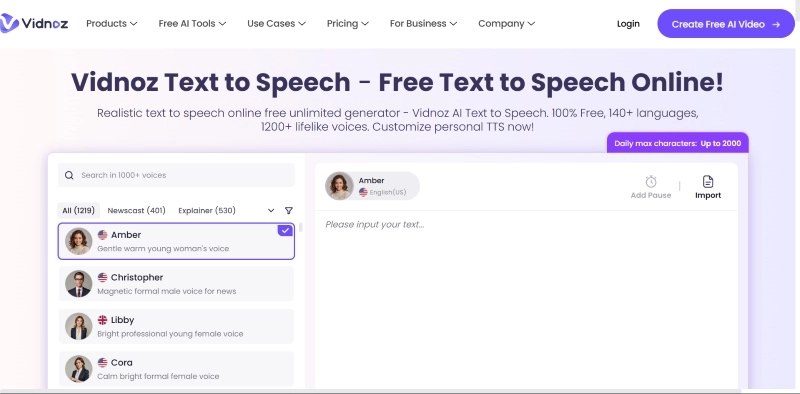 Vidnoz AI’s Text to Speech Tool