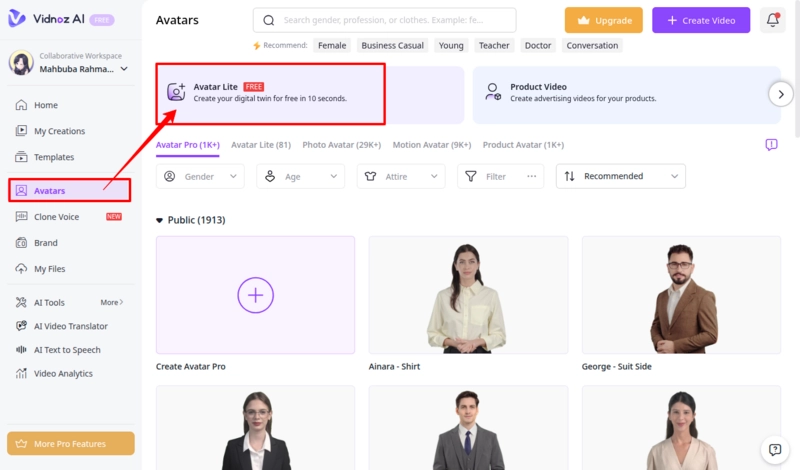 Vidnoz Avatar Lite Interface Dashboard
