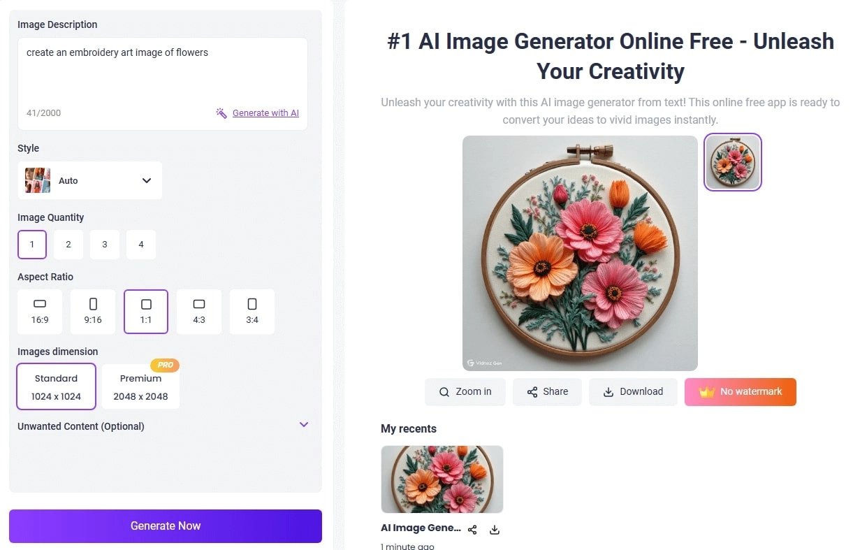 Vidnoz Create Embroidery Pattern