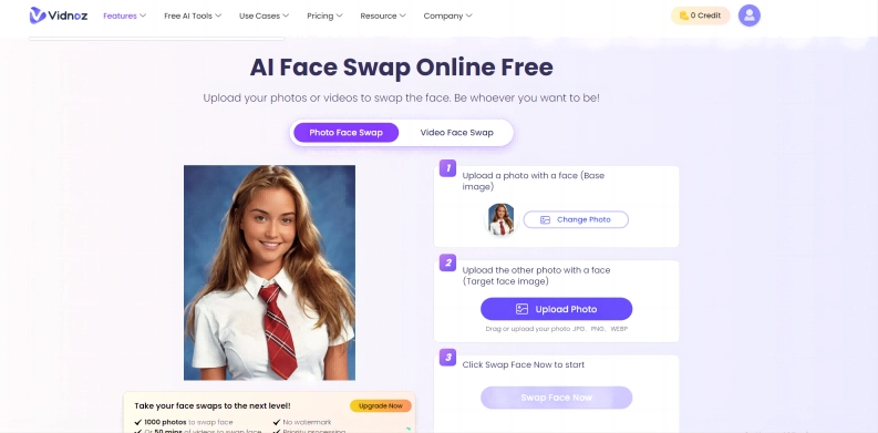 Vidnoz Face Swap Free Online AI Yearbook Photo Generator