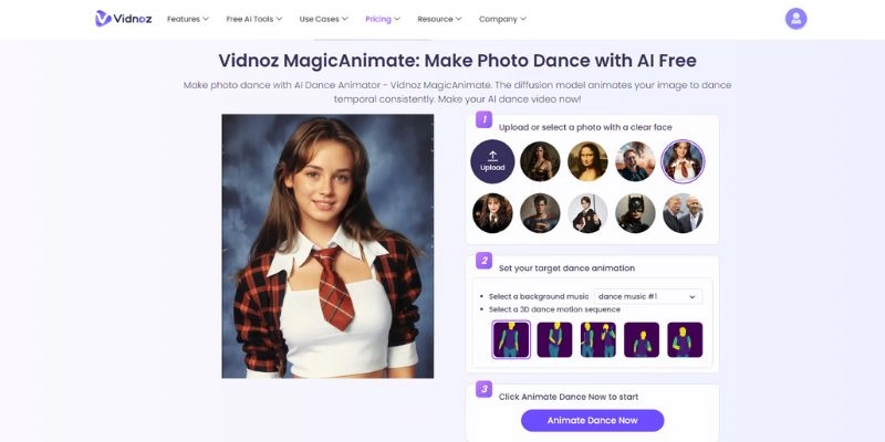 Vidnoz MagicAnimate Free AI Online Dancing Photo Maker