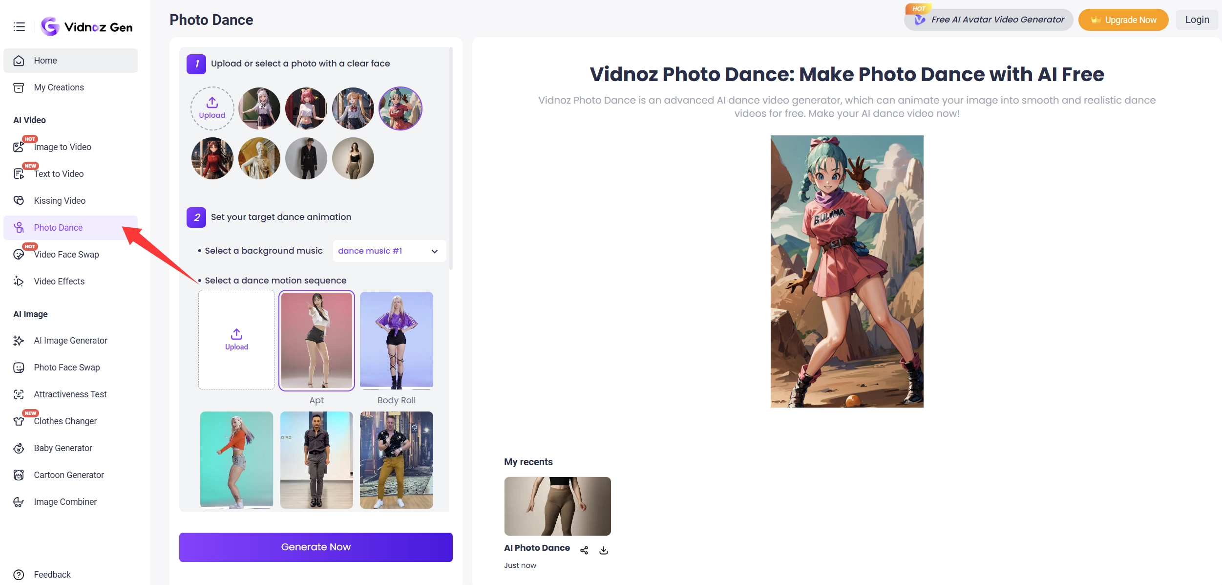 Vidnoz Photo Dance to Make AI Animation Photo - Step 2