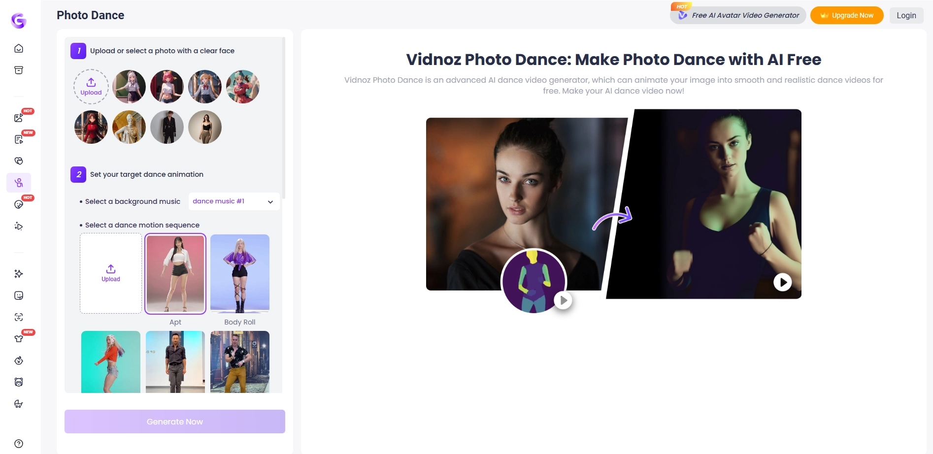 Vidnoz Photo Dance Ücretsiz AI Çevrimiçi Dans Fotoğraf Yapımcısı