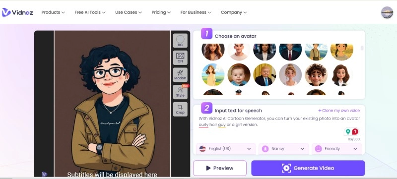 Vidnoz Talking Avatar Curly Hair Free Tool