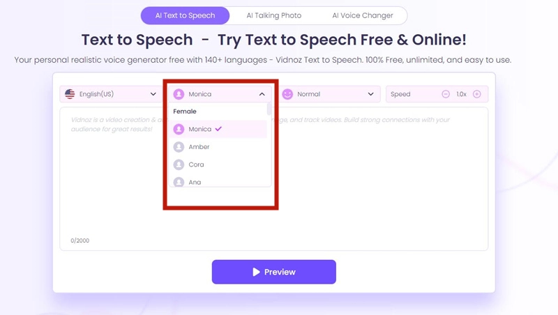Vidnoz Text to Speech with Female AI Voice