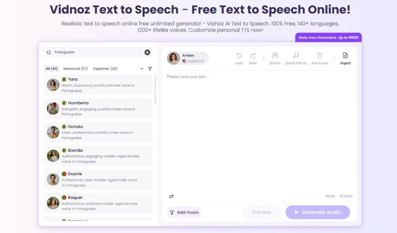 Vidnoz Text to Speech – Best for Natural AI Portuguese Voices