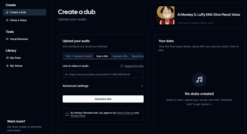 VoiceDub AI Luffy Voice Generator
